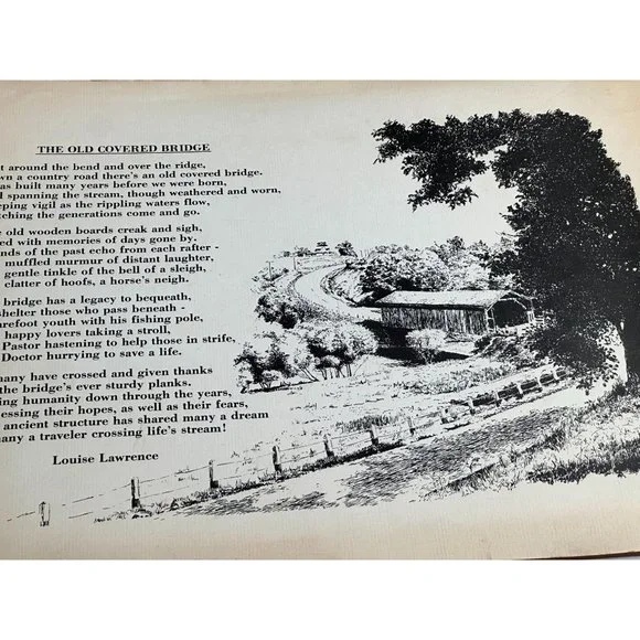 Louise Lawrence Poem The Old Covered Bridge Sketch Drawing Unframed Vintage - Picture 3 of 6